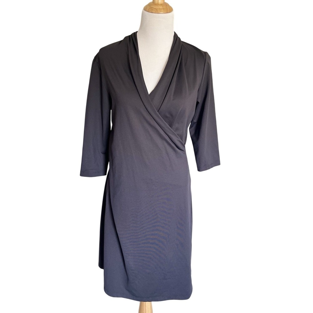 J McLaughlin Faux Wrap Dress SZ L Black Catalina Cloth Career LBD Stretch Drape